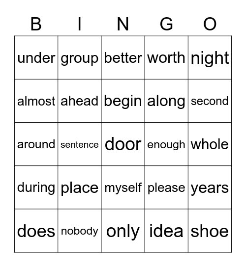 Sight Words Bingo Card