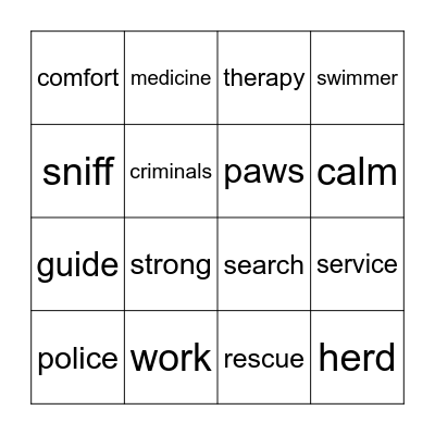 Working Dogs Bingo Card