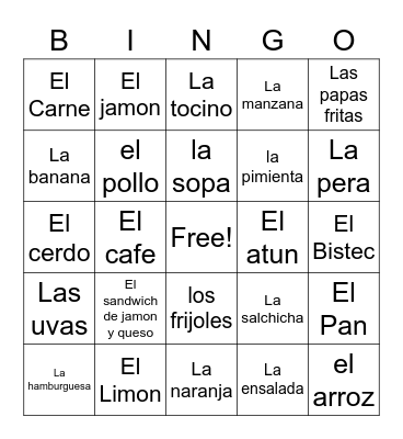 Spanish Food Vocab Bingo Card