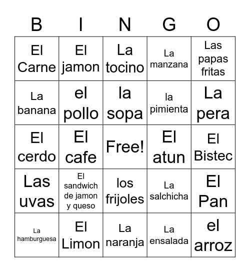 Spanish Food Vocab Bingo Card