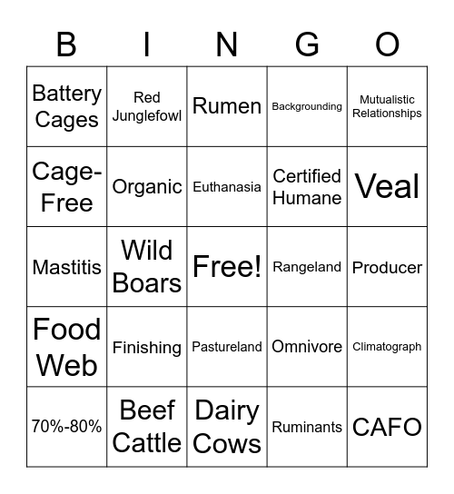 Animal Agriculture Bingo Card