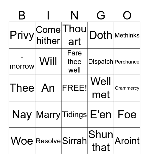 Shakespearean Vocabulary Bingo Card