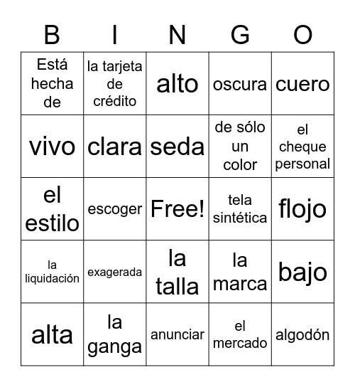 Realidades 2 - Vocabulary 2B Bingo Card