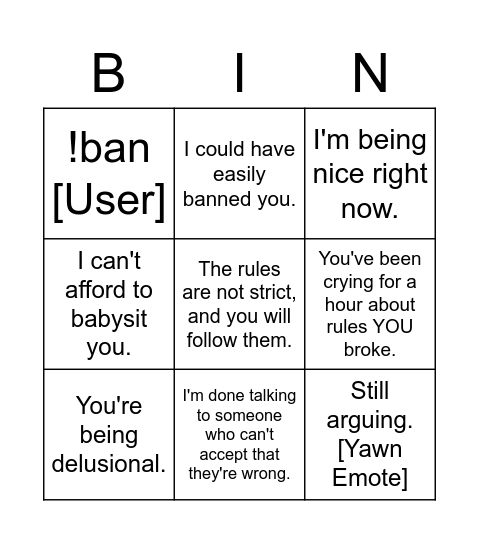 Discord mod argument lingo bingo! Bingo Card