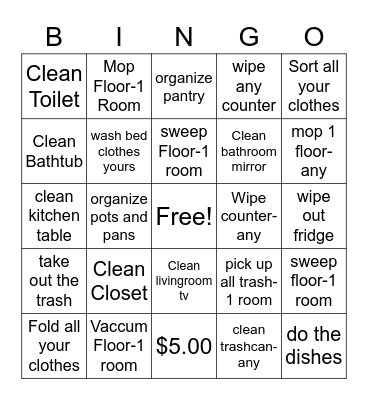 Chores Bingo Card