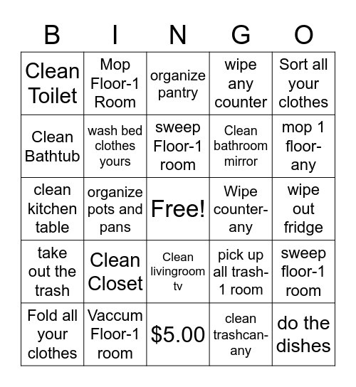 Chores Bingo Card