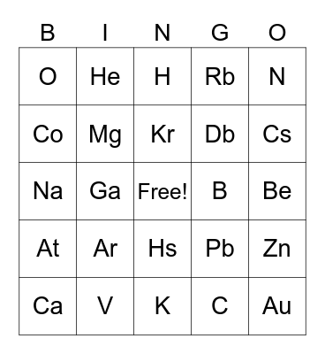 Periodic Table Bingo Card