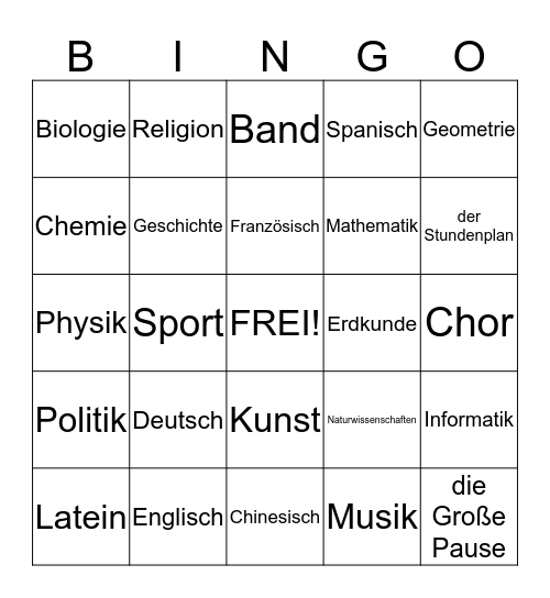 Schulfächer Bingo Card