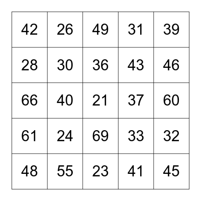 French Numbers 20-70 Bingo Card