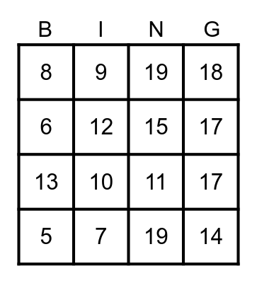 Addition Bingo Grade 1 Bingo Card