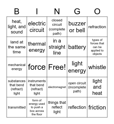 Force, Motion, & Energy Bingo Card