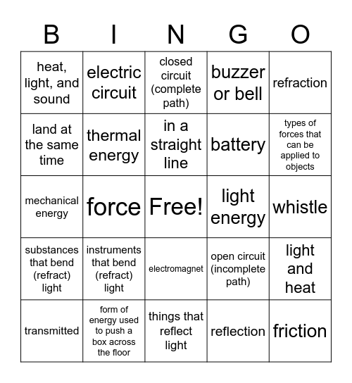 Force, Motion, & Energy Bingo Card