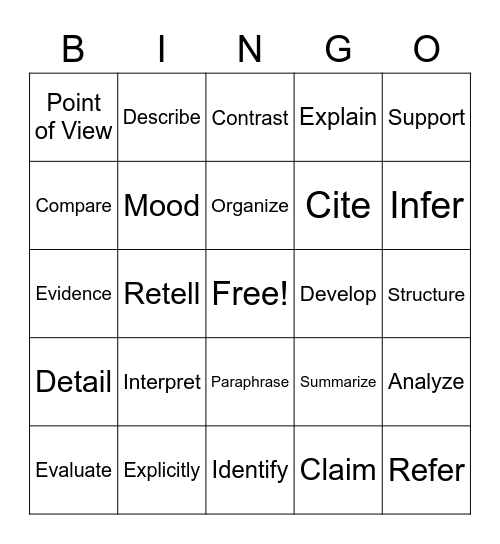 Academic Vocabulary Bingo Card