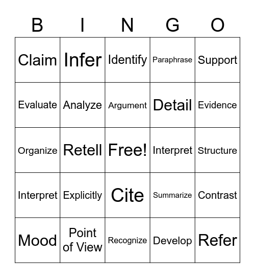 Academic Vocabulary Bingo Card