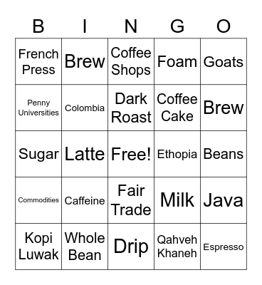Coffee Bingo Card