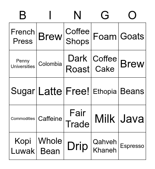 Coffee Bingo Card