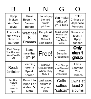 Kpop Stan Bingo Card