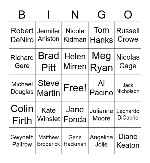 Celebrity Bingo 2000s Bingo Card