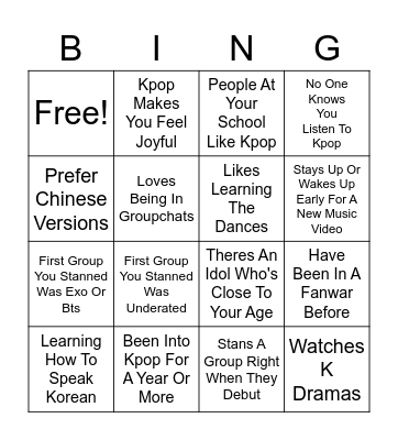 Kpop Stan Bingo Card