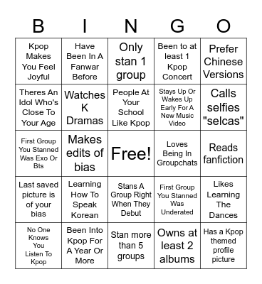 Kpop Stan Bingo Card