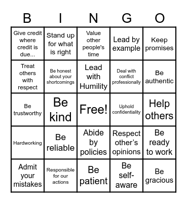 Integrity Bingo Card