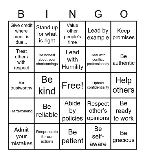 Integrity Bingo Card