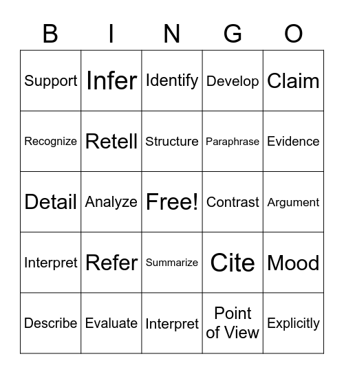 Academic Vocabulary Bingo Card