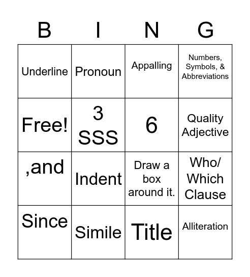 EXCELLENCE IN WRITING Bingo Card
