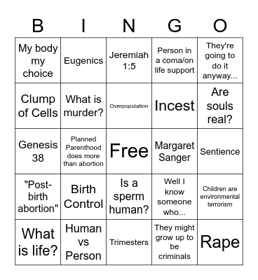 Abortion Debate Bingo Card