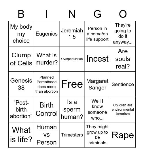 Abortion Debate Bingo Card