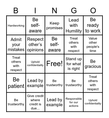 Integrity Bingo Card