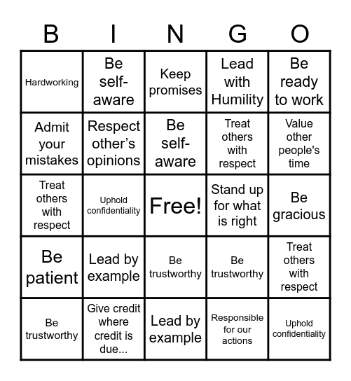 Integrity Bingo Card