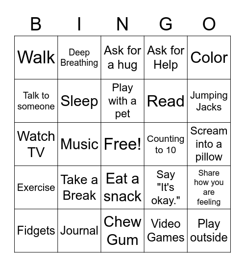 Coping Skills Bingo Card