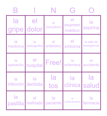 Unit 8: La Salud Vocab Bingo Card