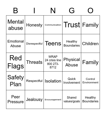 Healthy vs Unhealthy Relationship Bingo Card