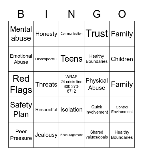 Healthy vs Unhealthy Relationship Bingo Card