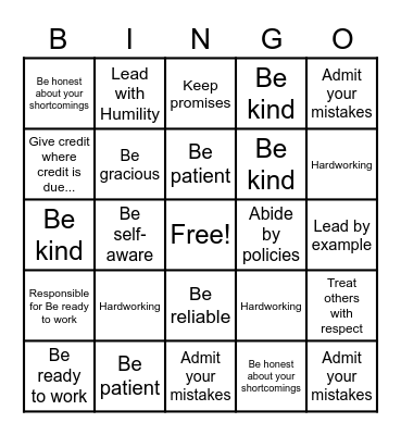 Integrity Bingo Card