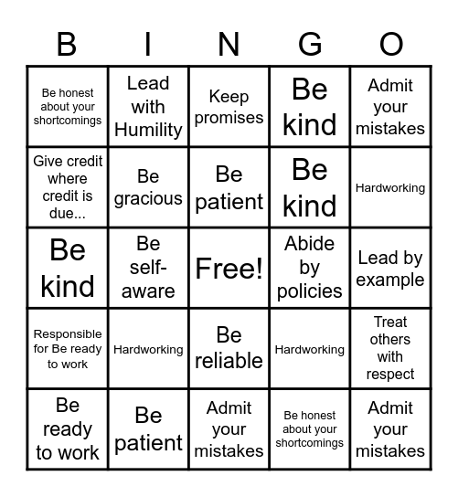 Integrity Bingo Card