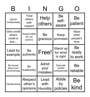 Integrity Bingo Card