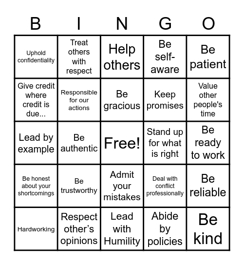 Integrity Bingo Card