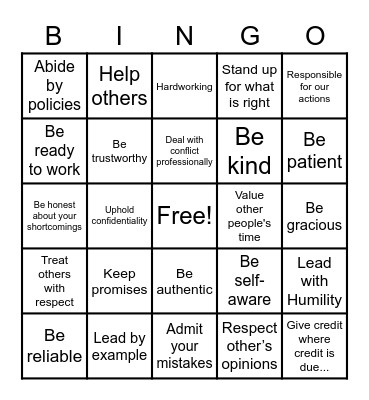 Integrity Bingo Card
