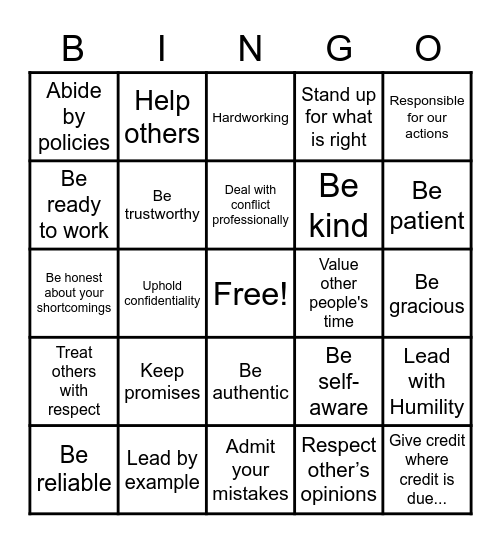 Integrity Bingo Card