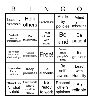 Integrity Bingo Card