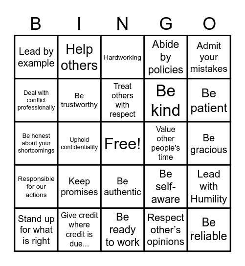 Integrity Bingo Card