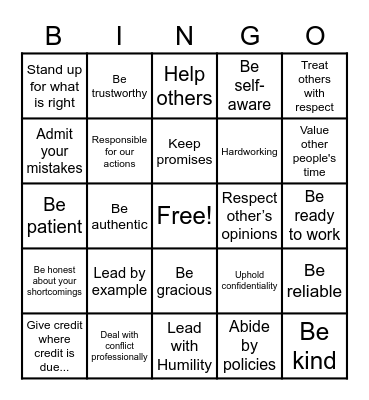 Integrity Bingo Card