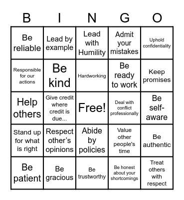 Integrity Bingo Card
