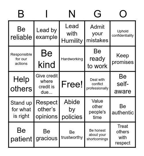 Integrity Bingo Card