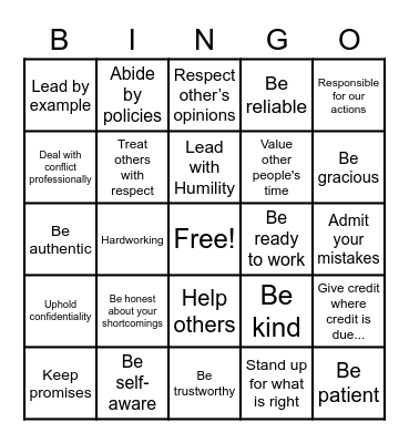 Integrity Bingo Card