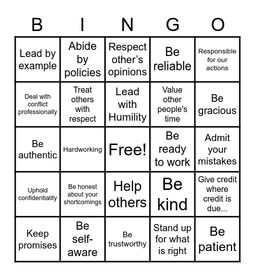 Integrity Bingo Card