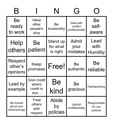 Integrity Bingo Card